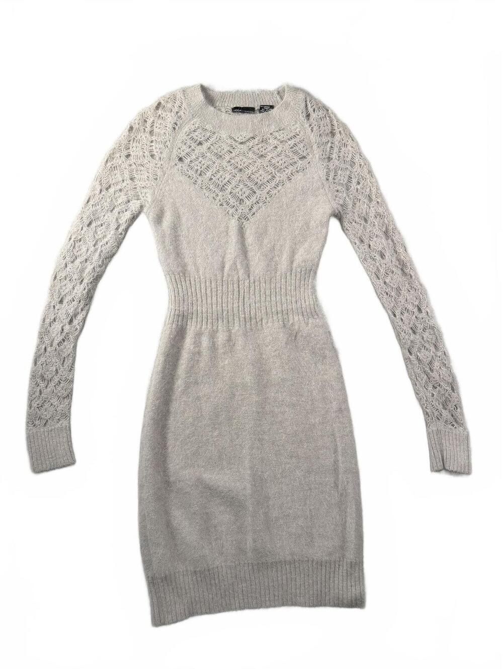 Moda International 70% Angora Rabbit Hair Sweater Dress XS Gray Open Knit